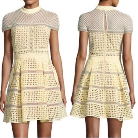 NEW Self-Portrait Crosshatch Paneled Mini Dress in Yellow - Picture 1 of 11